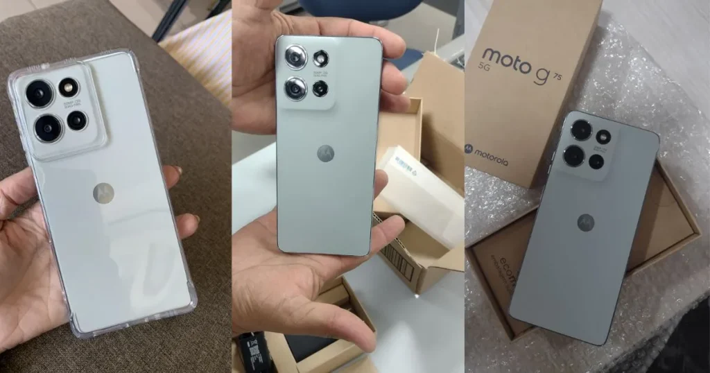 Smartphone Motorola Moto G75 5G cor prata com três câmeras traseiras.
