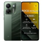 Xiaomi POCO M7 Pro smartphone em cor verde com tela AMOLED exibindo especificações técnicas incluindo processador Dimensity 7025, 8GB RAM, 256GB armazenamento, câmera Sony 50MP e bateria 5110mAh