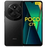 Smartphone Xiaomi Poco C75 preto visto de frente e de trás, com tela ligada e destaque para o design moderno