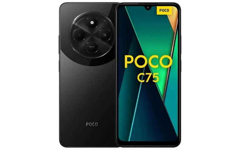 Smartphone Xiaomi Poco C75 preto visto de frente e de trás, com tela ligada e destaque para o design moderno