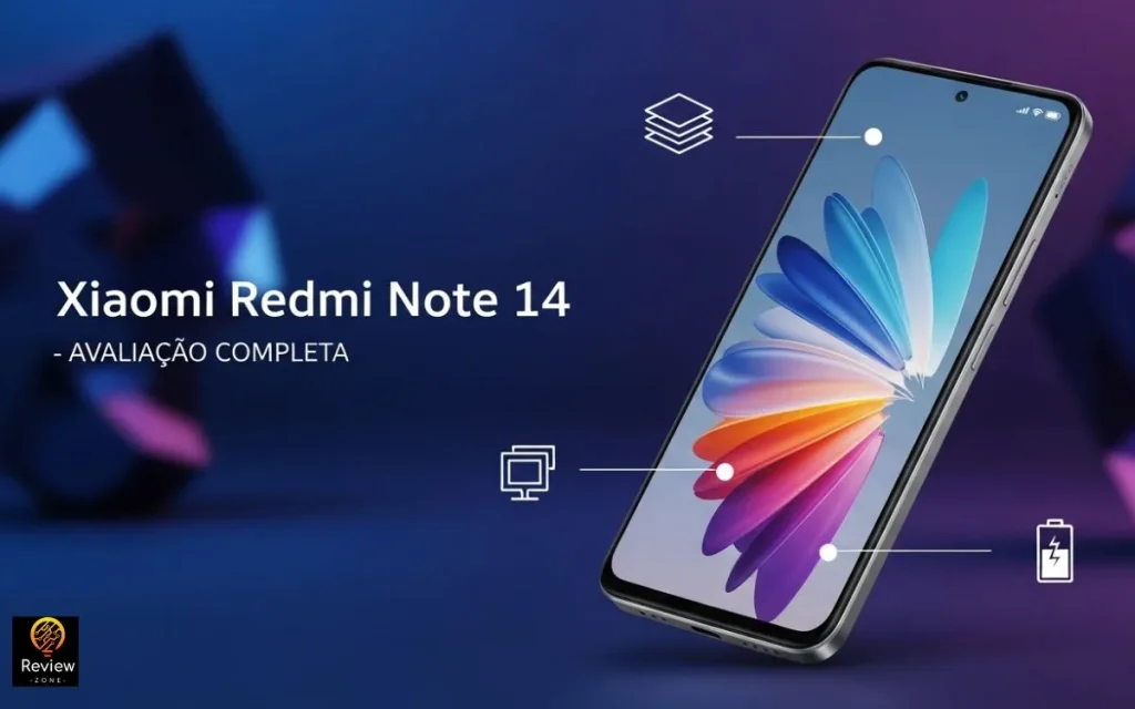 Smartphone Xiaomi Redmi Note 14 exibido em destaque com tela colorida e elementos gráficos indicando recursos.