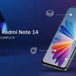 Smartphone Xiaomi Redmi Note 14 exibido em destaque com tela colorida e elementos gráficos indicando recursos.