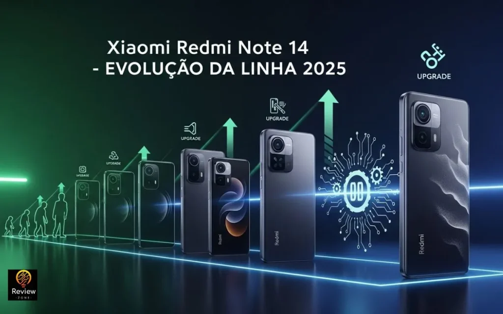 Linha de evolução do Xiaomi Redmi Note até o modelo 14, destacando melhorias e upgrades na versão 2025.