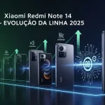 Linha de evolução do Xiaomi Redmi Note até o modelo 14, destacando melhorias e upgrades na versão 2025.