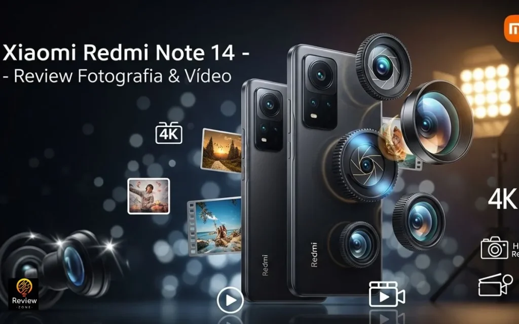 Xiaomi Redmi Note 14 com lentes de câmera destacadas, simbolizando recursos avançados de fotografia e vídeo em 4K.