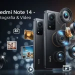 Xiaomi Redmi Note 14 com lentes de câmera destacadas, simbolizando recursos avançados de fotografia e vídeo em 4K.