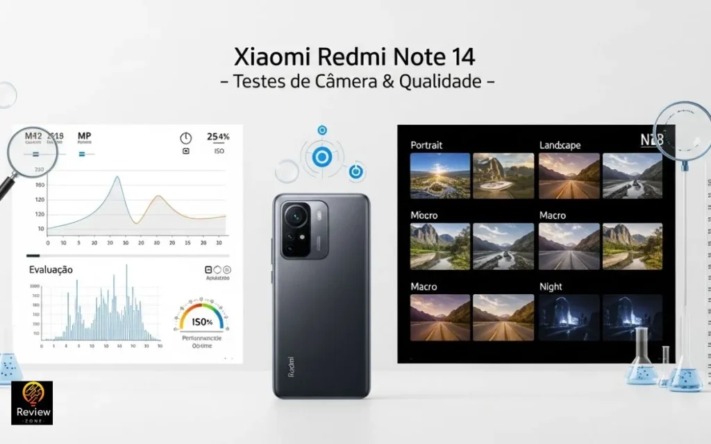 Xiaomi Redmi Note 14 exibido ao lado de gráficos de desempenho e fotos de teste em diferentes modos de câmera.