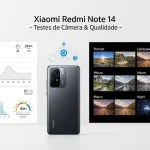Xiaomi Redmi Note 14 exibido ao lado de gráficos de desempenho e fotos de teste em diferentes modos de câmera.