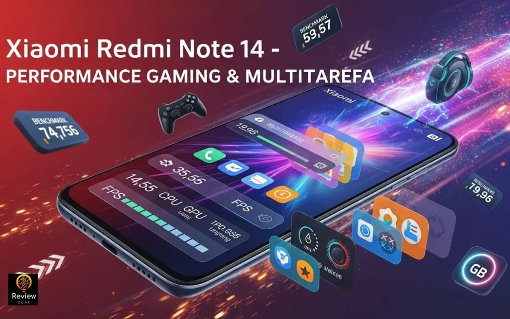 Xiaomi Redmi Note 14 com interface gráfica destacando FPS, uso de CPU/GPU e benchmarks, representando desempenho em jogos e multitarefas.