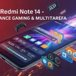 Xiaomi Redmi Note 14 com interface gráfica destacando FPS, uso de CPU/GPU e benchmarks, representando desempenho em jogos e multitarefas.