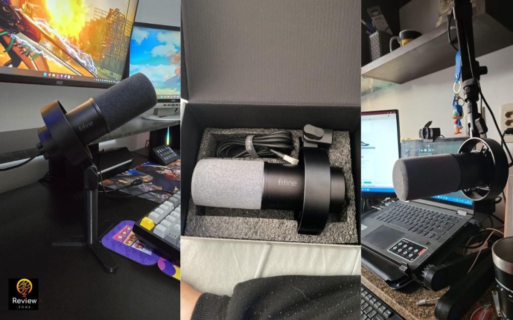 Configuração de mesa de trabalho com microfone dinâmico fifine, computadores com múltiplos monitores e equipamentos de gravação de áudio