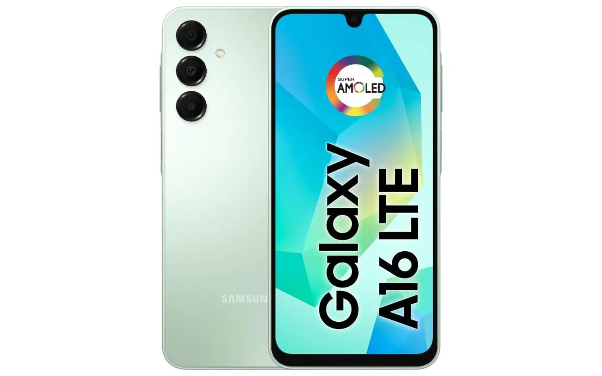 Celular Samsung Galaxy A16 LTE visto de frente e verso, destacando a tela Super AMOLED e o conjunto triplo de câmeras traseiras.