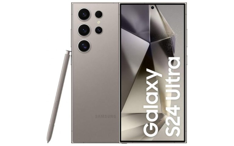 Smartphone Samsung Galaxy S24 Ultra 5G na cor titânio com S Pen, exibindo a frente e traseira do aparelho.