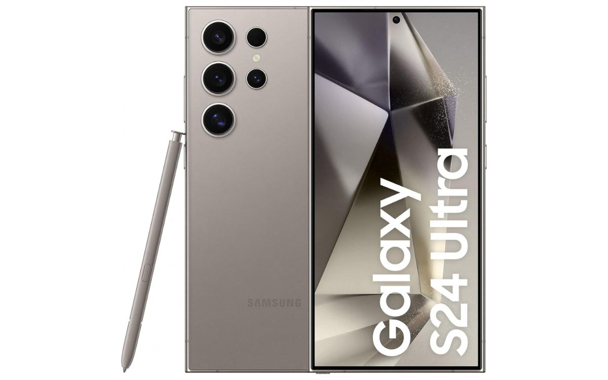 Smartphone Samsung Galaxy S24 Ultra 5G na cor titânio com S Pen, exibindo a frente e traseira do aparelho.