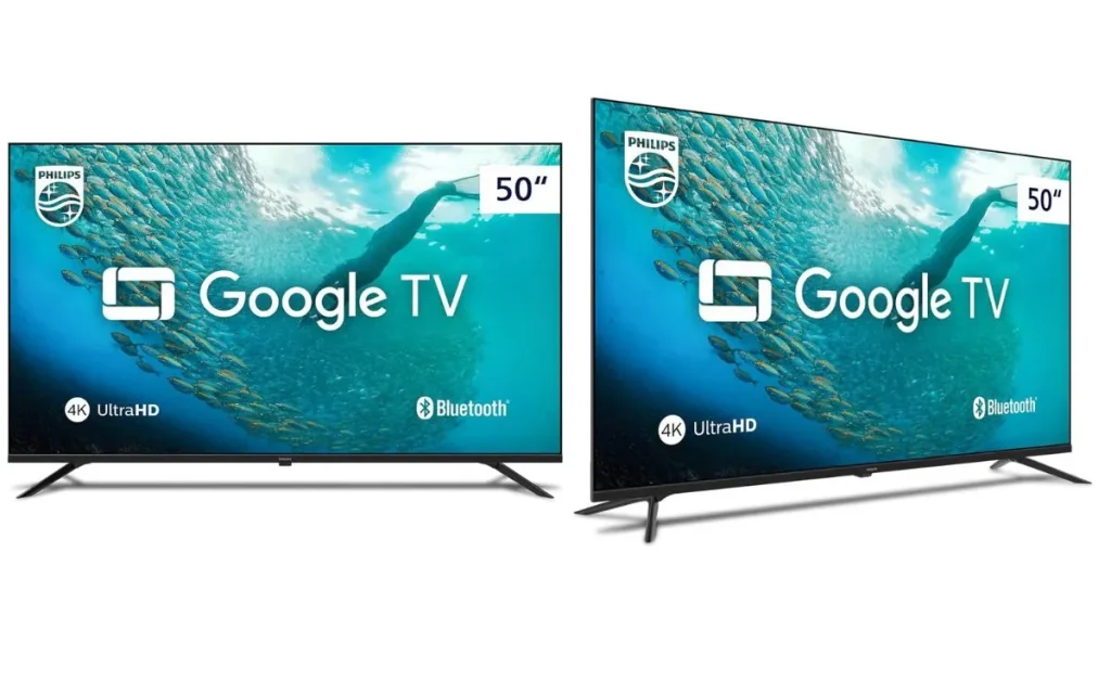 Imagens da smart tv 50 4k philips com Google TV, exibindo tela com visual subaquático de peixes, logo 4K UltraHD e Bluetooth.