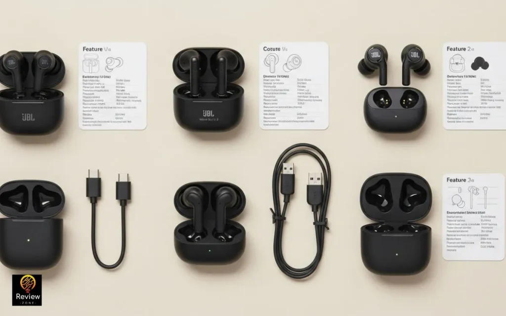 Seis modelos de fones de ouvido sem fio JBL Wave Buds em comparação, exibidos com seus estojos de carregamento e cabos USB-C.