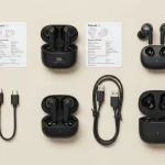 Seis modelos de fones de ouvido sem fio JBL Wave Buds em comparação, exibidos com seus estojos de carregamento e cabos USB-C.