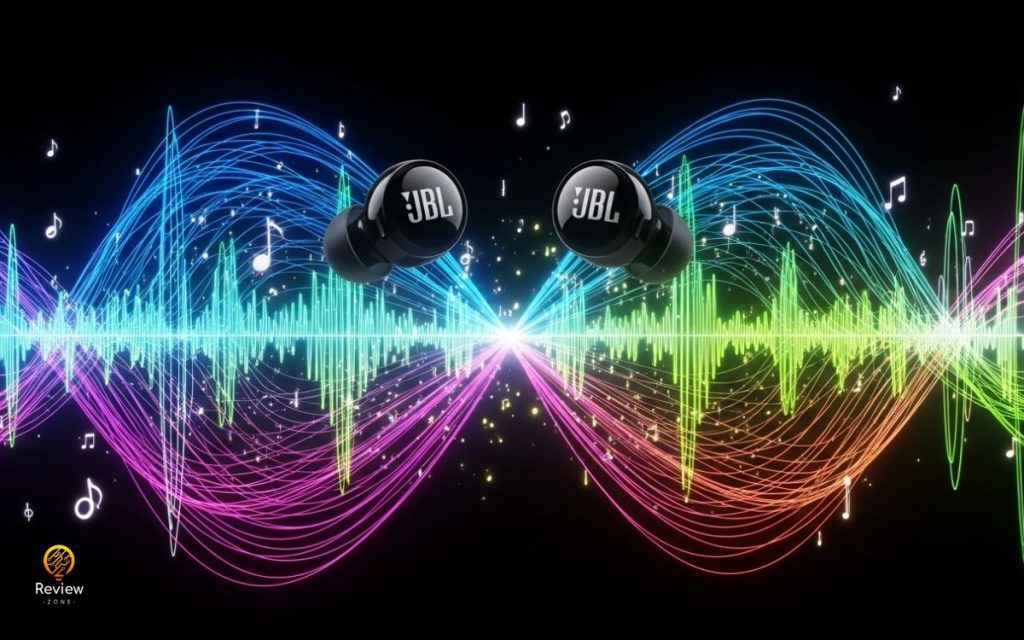 Arte digital de fones pretos com ondas sonoras coloridas e efeitos de visualização de áudio