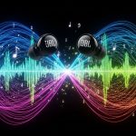 Arte digital de fones pretos com ondas sonoras coloridas e efeitos de visualização de áudio