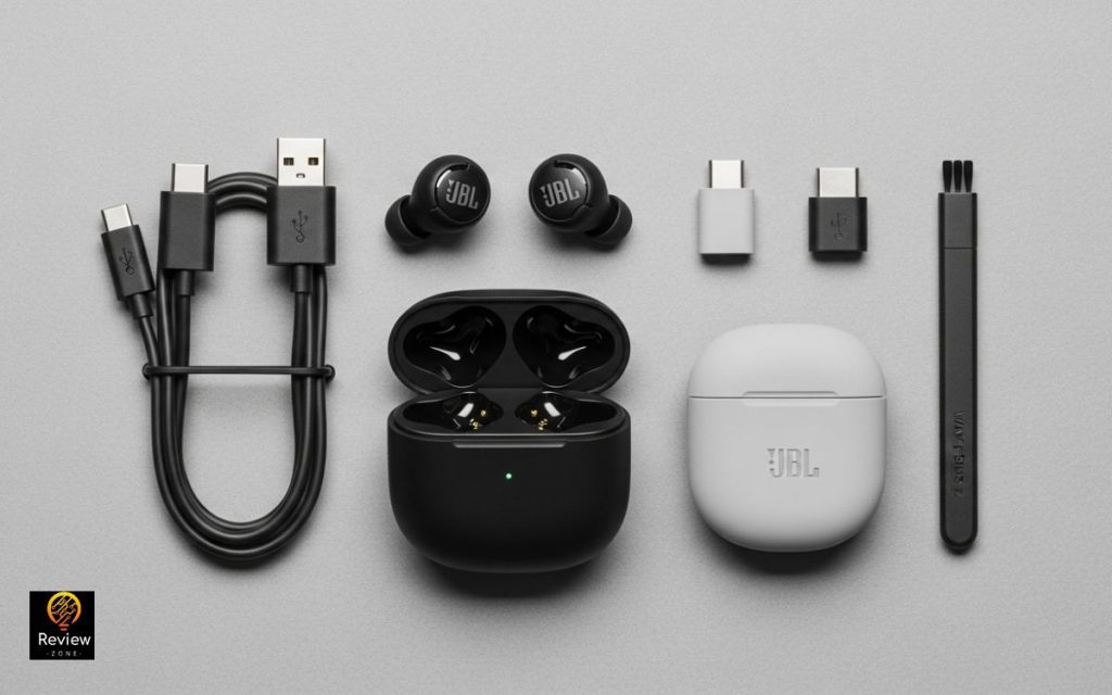 Comparação de produtos mostrando fones pretos e brancos com acessórios organizados