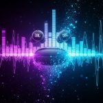 Visualização de espectro de frequência de áudio com ondas sonoras roxas e azuis