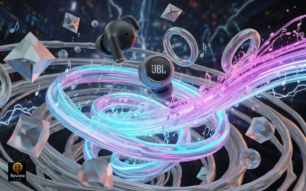 Arte futurística de fones com efeitos holográficos circulares e partículas luminosas