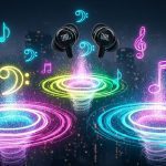 Fones de ouvido criando portal de energia com efeitos luminosos coloridos