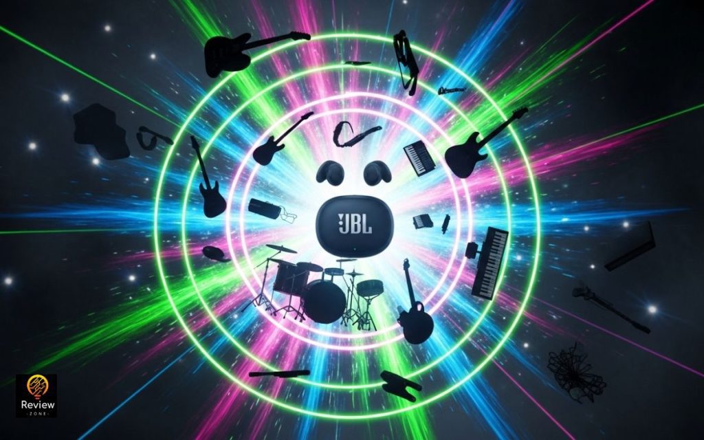 Fones no centro de círculo de frequências coloridas com efeitos de equalização