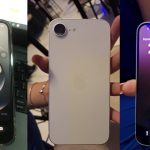 Apple iPhone 16e de 128 GB em diferentes ângulos, mostrando tela e design elegante