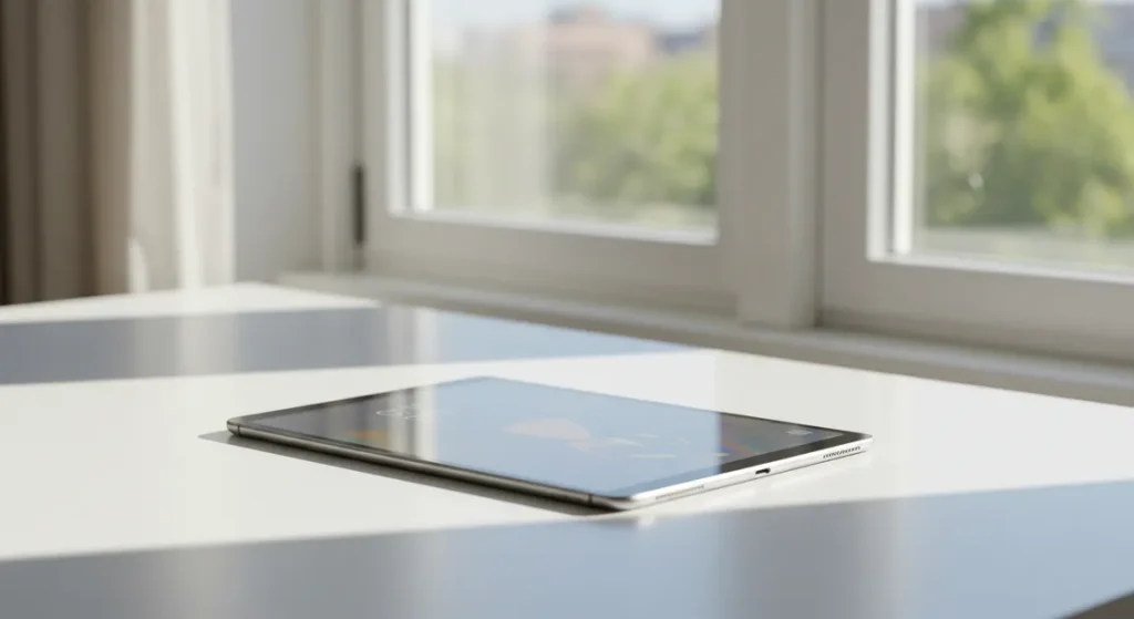 Fx A sleek Xiaomi Mi Pad tablet placed on a modern white desk with soft natural lighting from a window showing the devices elegant design and premium build quality 2