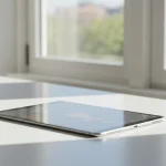 Fx A sleek Xiaomi Mi Pad tablet placed on a modern white desk with soft natural lighting from a window showing the devices elegant design and premium build quality 2