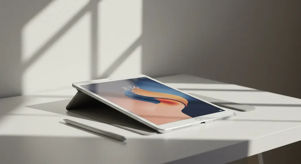 Fx A sleek Xiaomi Mi Pad tablet placed on a modern white desk with soft natural lighting from a window showing the devices elegant design and premium build quality 3