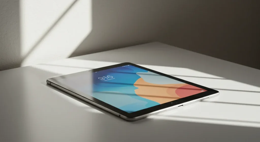 Fx A sleek Xiaomi Mi Pad tablet placed on a modern white desk with soft natural lighting from a window showing the devices elegant design and premium build quality 4