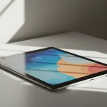 Fx A sleek Xiaomi Mi Pad tablet placed on a modern white desk with soft natural lighting from a window showing the devices elegant design and premium build quality 4