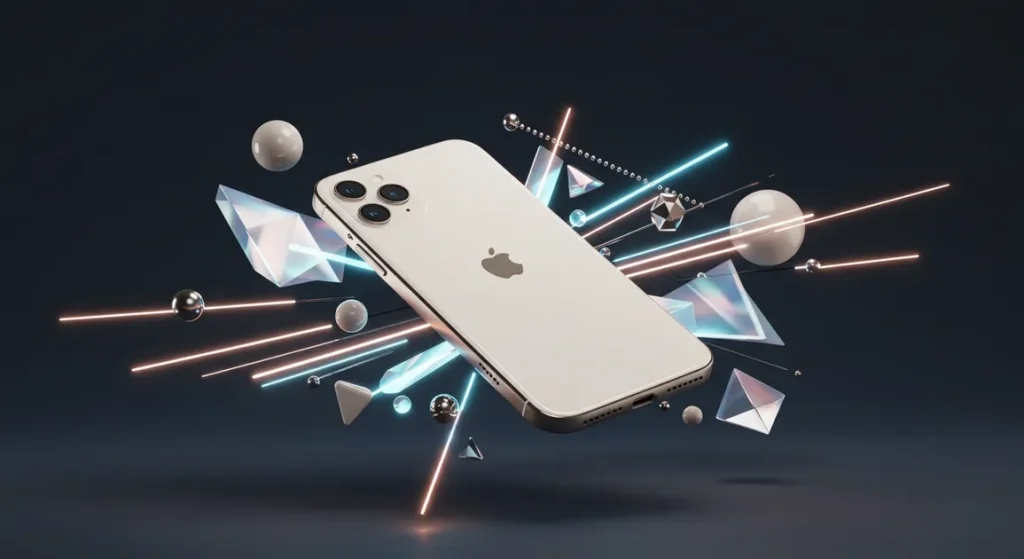 Fx Abstract geometric composition featuring iPhone 16e as centerpiece surrounded by floating elements and light effects futuristic aesthetic 1