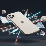 Fx Abstract geometric composition featuring iPhone 16e as centerpiece surrounded by floating elements and light effects futuristic aesthetic 1