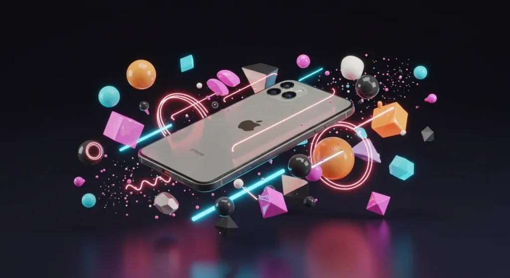 Fx Abstract geometric composition featuring iPhone 16e as centerpiece surrounded by floating elements and light effects futuristic aesthetic 2