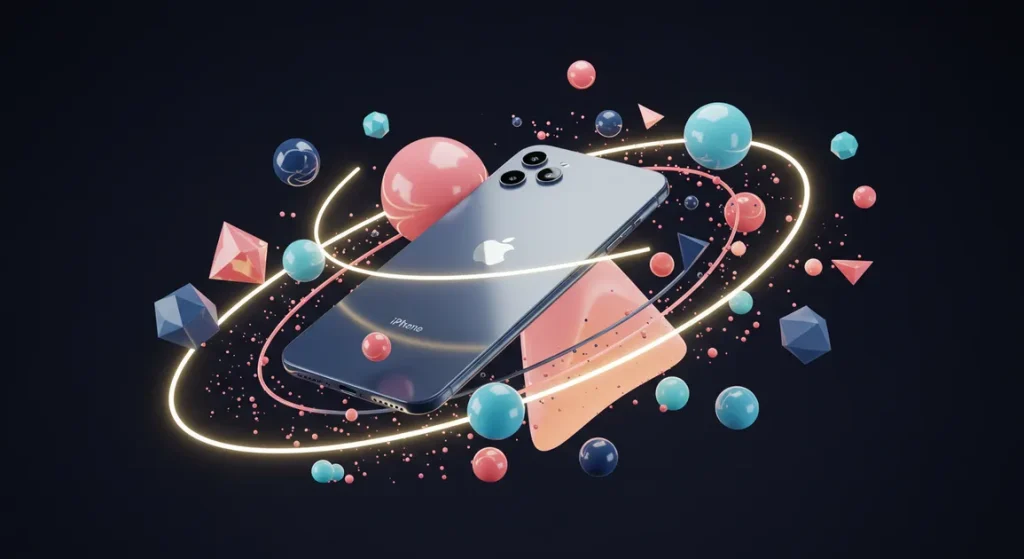 Fx Abstract geometric composition featuring iPhone 16e as centerpiece surrounded by floating elements and light effects futuristic aesthetic 3