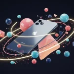 Fx Abstract geometric composition featuring iPhone 16e as centerpiece surrounded by floating elements and light effects futuristic aesthetic 3