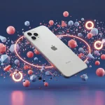 Fx Abstract geometric composition featuring iPhone 16e as centerpiece surrounded by floating elements and light effects futuristic aesthetic 4