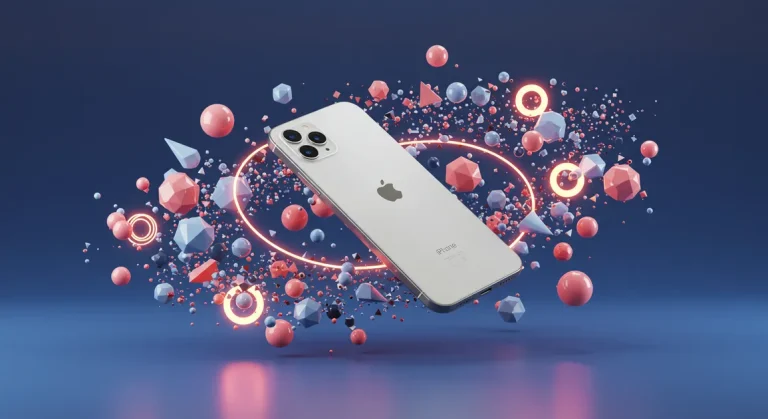 Fx Abstract geometric composition featuring iPhone 16e as centerpiece surrounded by floating elements and light effects futuristic aesthetic 4