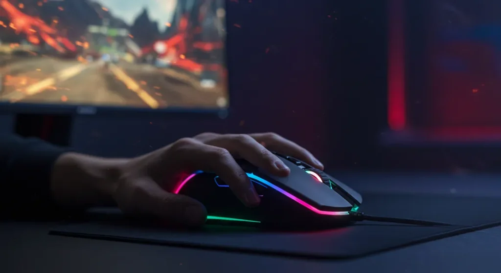Fx Action shot of a gamers hand gripping a Redragon Cobra Pro mouse during gameplay RGB lights glowing dynamic lighting realistic scene 2
