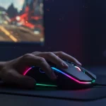Fx Action shot of a gamers hand gripping a Redragon Cobra Pro mouse during gameplay RGB lights glowing dynamic lighting realistic scene 2