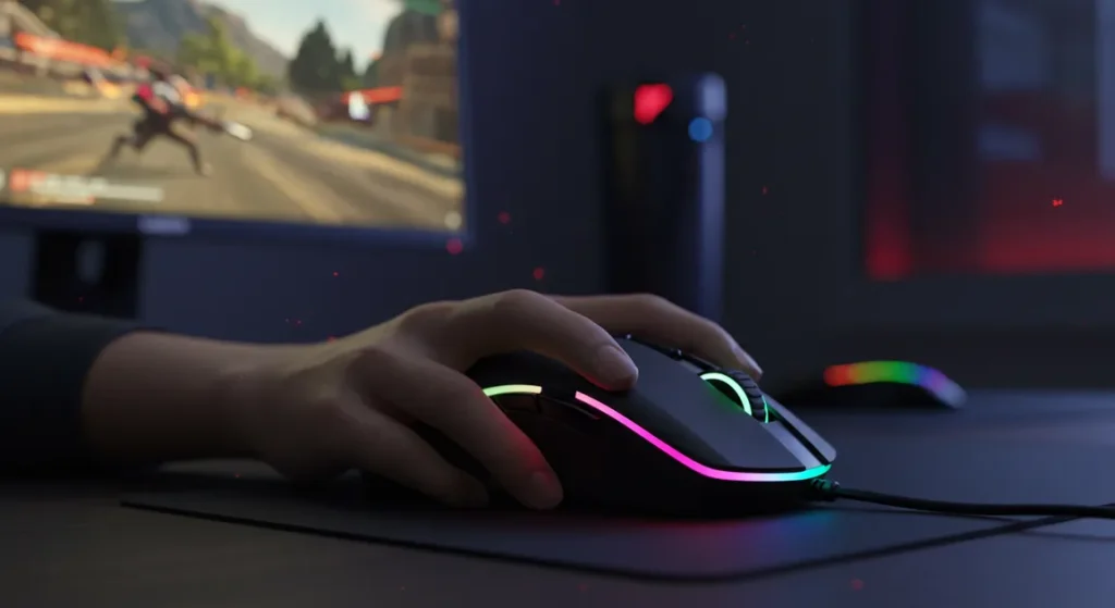 Fx Action shot of a gamers hand gripping a Redragon Cobra Pro mouse during gameplay RGB lights glowing dynamic lighting realistic scene 3