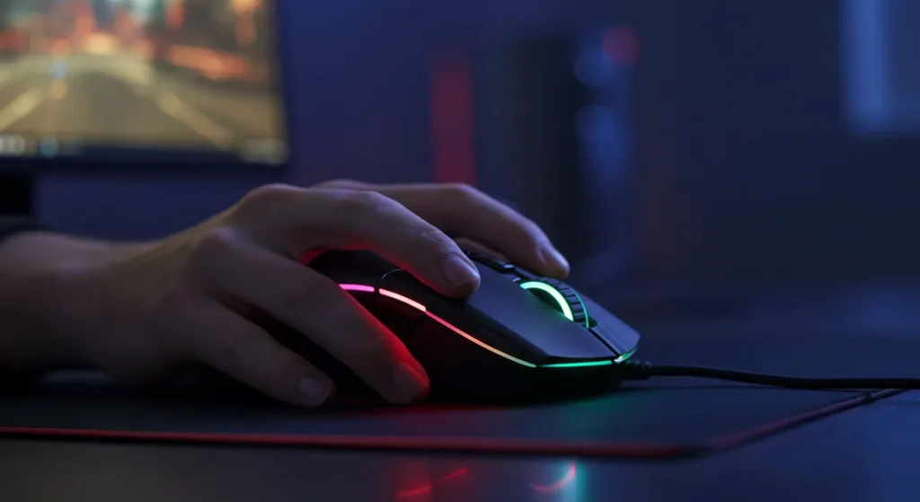 Fx Action shot of a gamers hand gripping a Redragon Cobra Pro mouse during gameplay RGB lights glowing dynamic lighting realistic scene 4