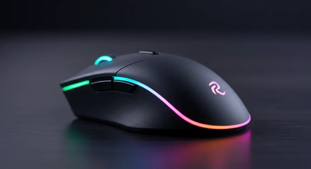 Fx Artistic photograph of Redragon Cobra Pro mouse with selective focus on the RGB lighting strip blurred background premium aesthetic 1