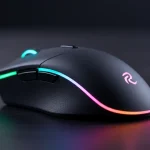 Fx Artistic photograph of Redragon Cobra Pro mouse with selective focus on the RGB lighting strip blurred background premium aesthetic 1
