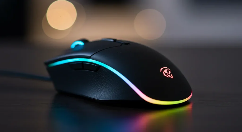 Fx Artistic photograph of Redragon Cobra Pro mouse with selective focus on the RGB lighting strip blurred background premium aesthetic 2