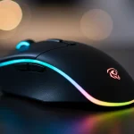 Fx Artistic photograph of Redragon Cobra Pro mouse with selective focus on the RGB lighting strip blurred background premium aesthetic 2
