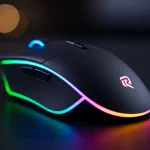 Fx Artistic photograph of Redragon Cobra Pro mouse with selective focus on the RGB lighting strip blurred background premium aesthetic 3